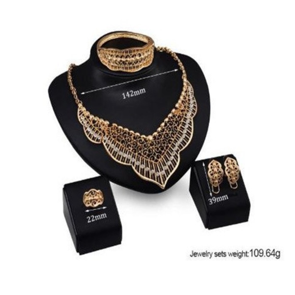 Mosaic Bib Collar Necklace Bracelet Ring Earrings Set Four Piece New Costume - Picture 2 of 5